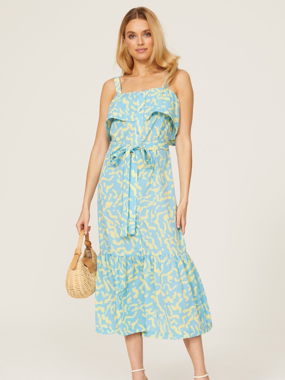 Derek Lam Crosby Blue Scribble Tie Midi Dress